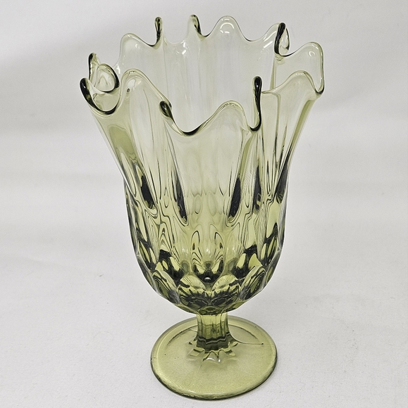 FENTON handkerchief Colonial green thumb print / Thousand Eye footed vase vintag - Picture 5 of 11